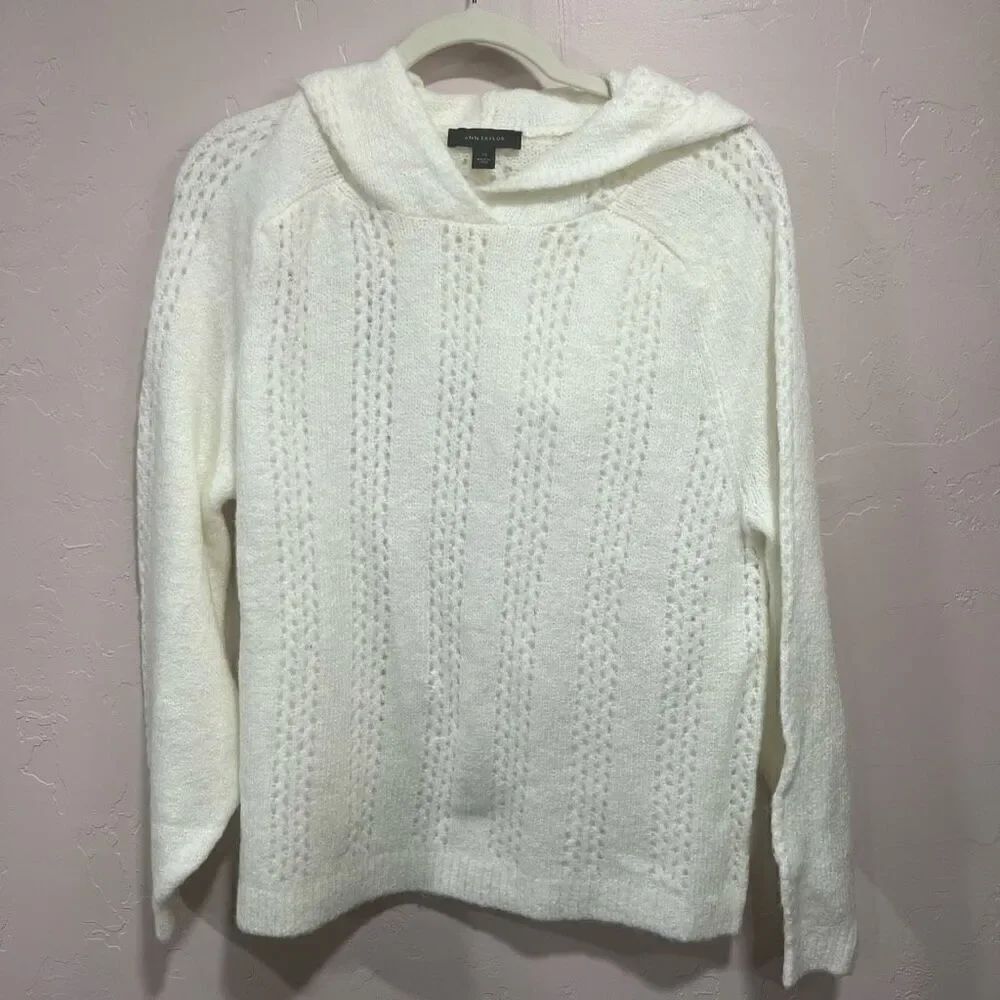 Ann TaylorโWomen's White Hooded Raglan Sleeve Decorative KnitโSweater